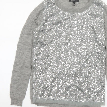 Mango Women Grey M Sequin Front Long Sleeve Knit Pullover Jumper