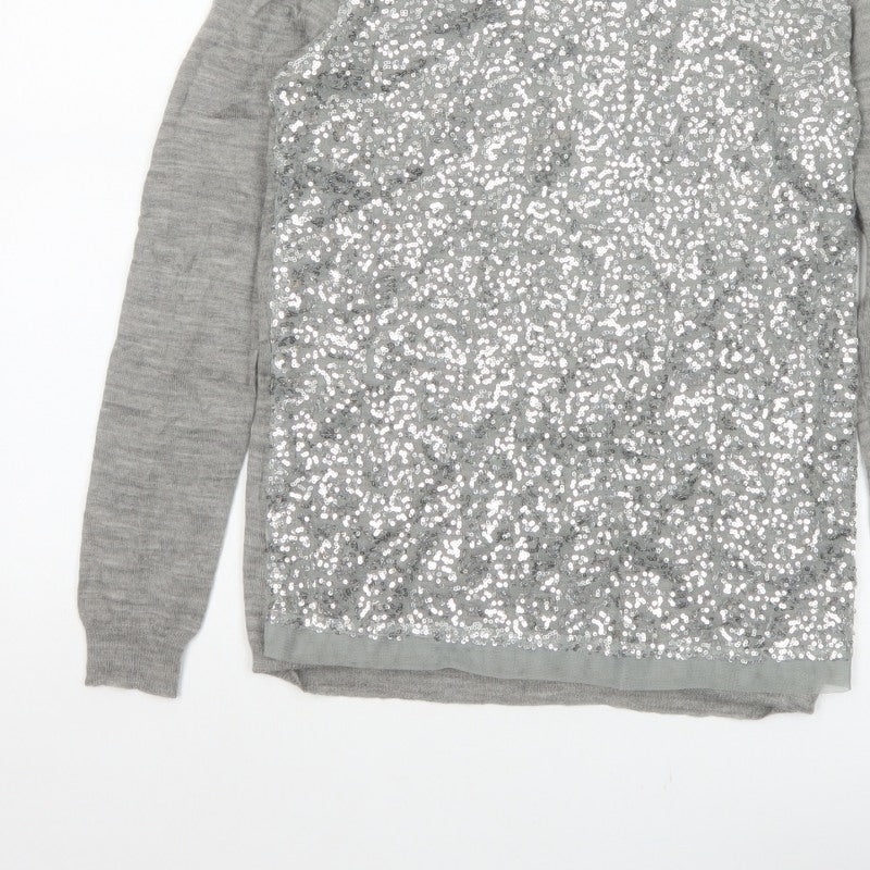 Mango Women Grey M Sequin Front Long Sleeve Knit Pullover Jumper