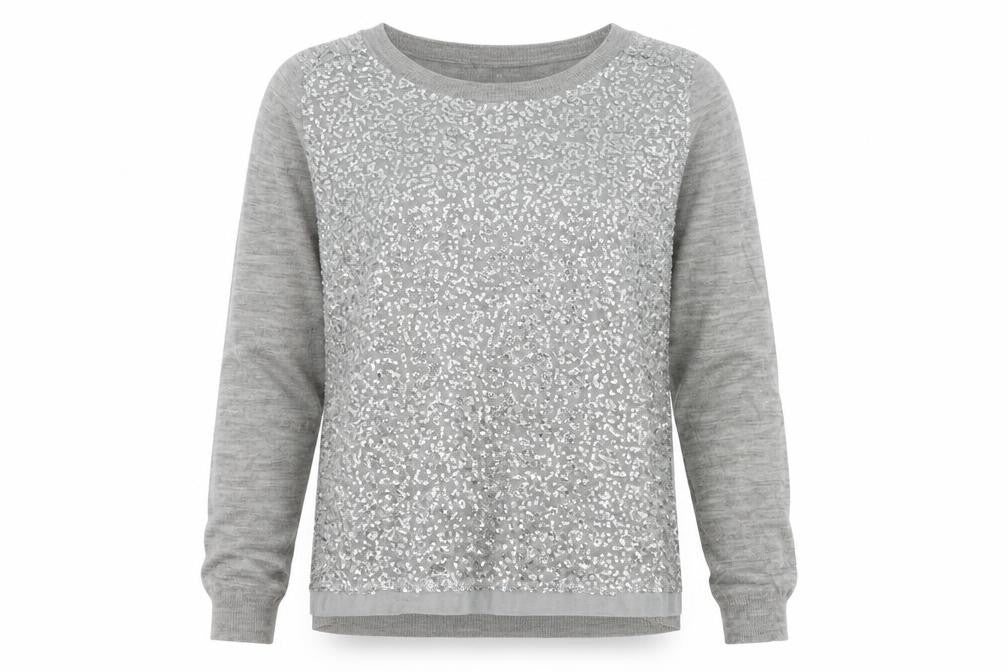 Mango Women Grey M Sequin Front Long Sleeve Knit Pullover Jumper