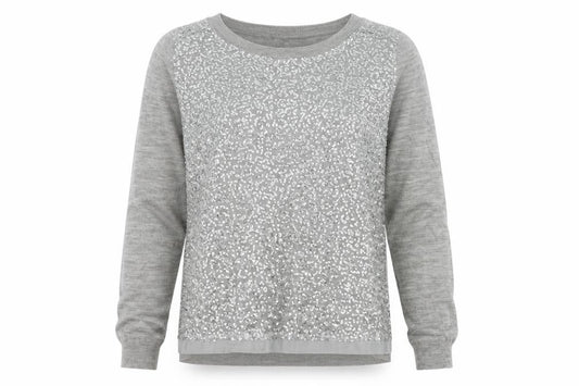 Mango Women Grey M Sequin Front Long Sleeve Knit Pullover Jumper