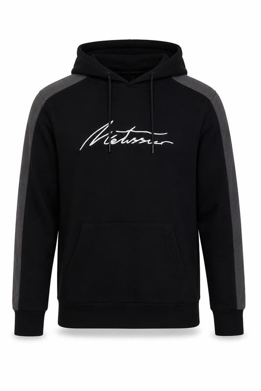 Front view of Metissier Paris Men’s Black Grey XS Pullover Hoodie Logo Pocket