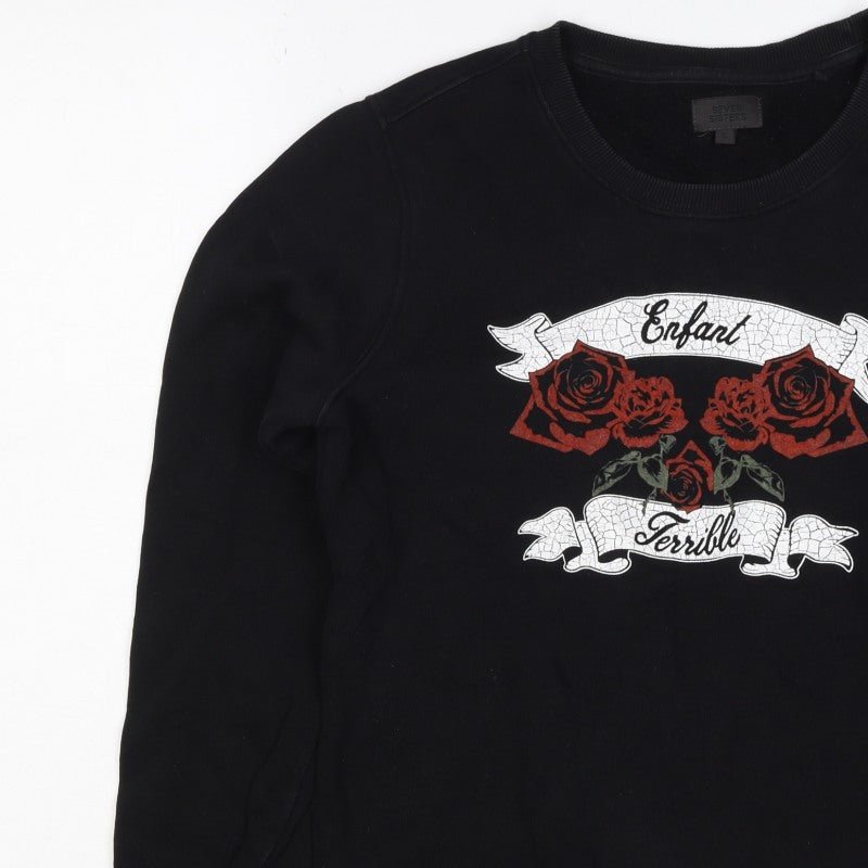 Seven Sisters Men’s Black S Rose Graphic Crew Neck Pullover Jumper