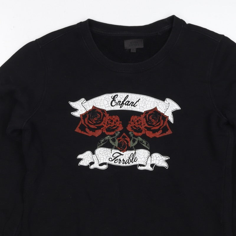 Seven Sisters Men’s Black S Rose Graphic Crew Neck Pullover Jumper