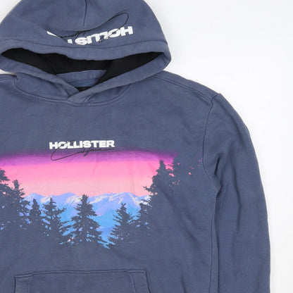 Hollister Men’s Blue S Pullover Hoodie Graphic Mountain Logo Pockets