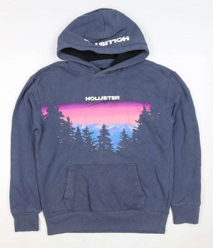 Hollister Men’s Blue S Pullover Hoodie Graphic Mountain Logo Pockets