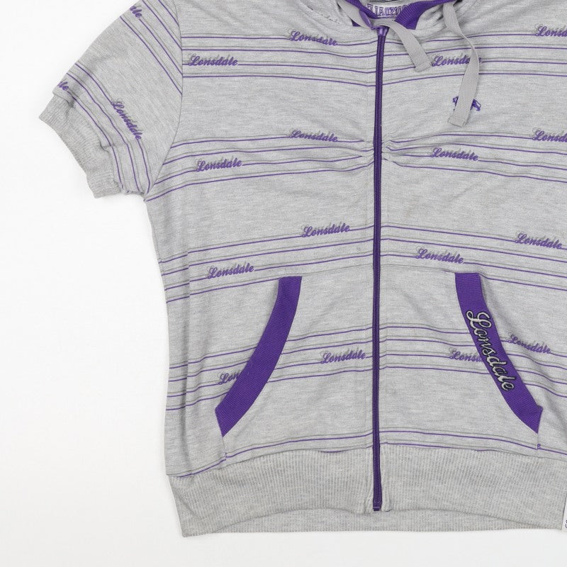 Lonsdale Women’s Grey Purple Striped Logo Full Zip Hoodie UK 12