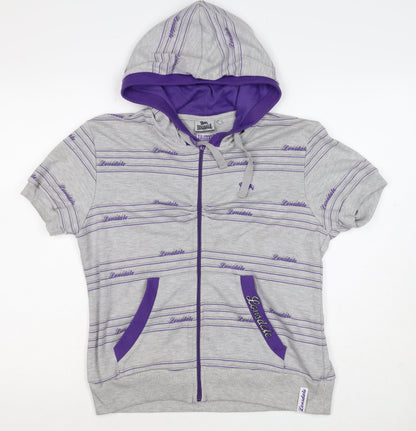 Lonsdale Women’s Grey Purple Striped Logo Full Zip Hoodie UK 12