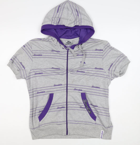 Lonsdale Women’s Grey Purple Striped Logo Full Zip Hoodie UK 12
