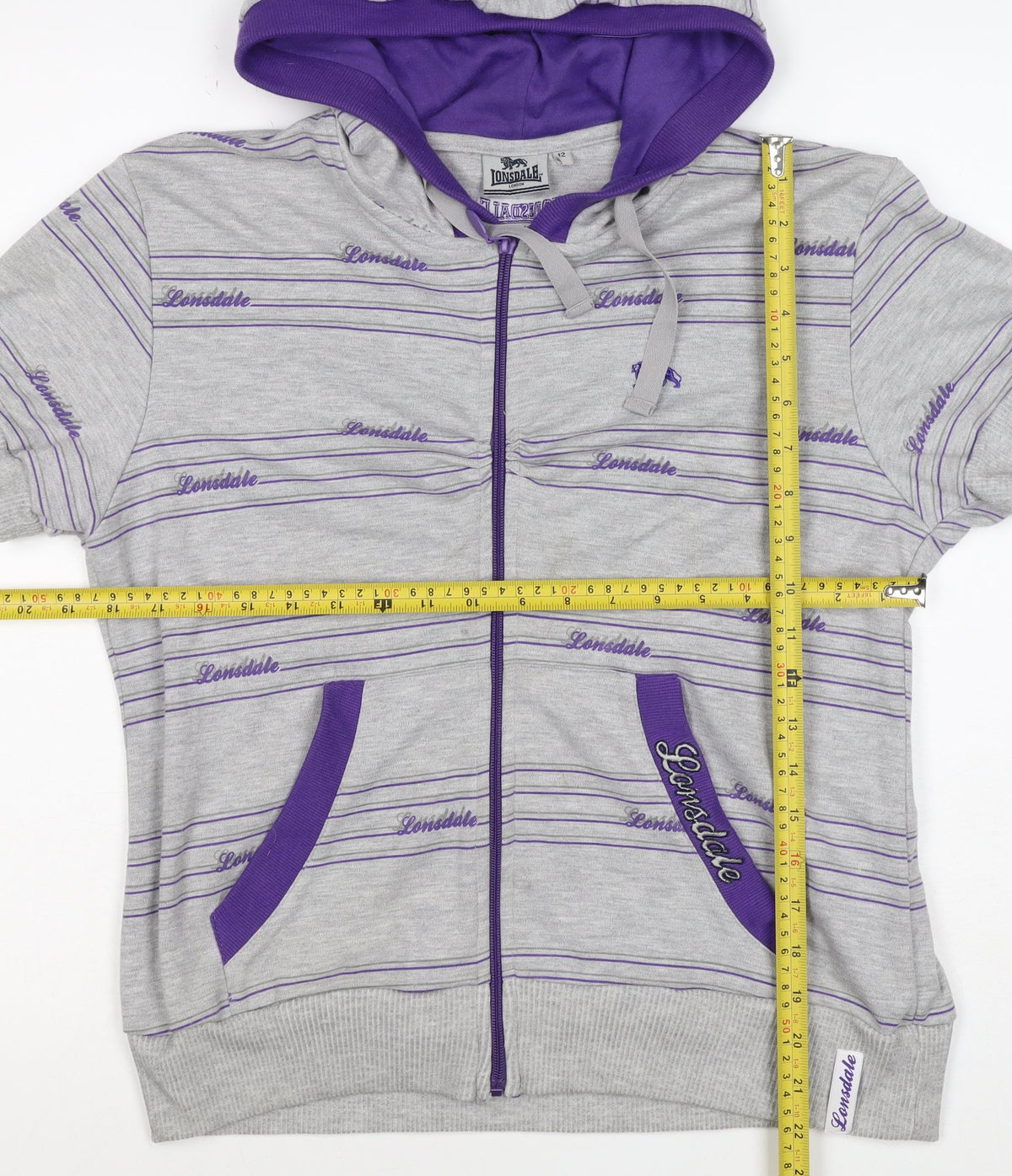 Lonsdale Women’s Grey Purple Striped Logo Full Zip Hoodie UK 12
