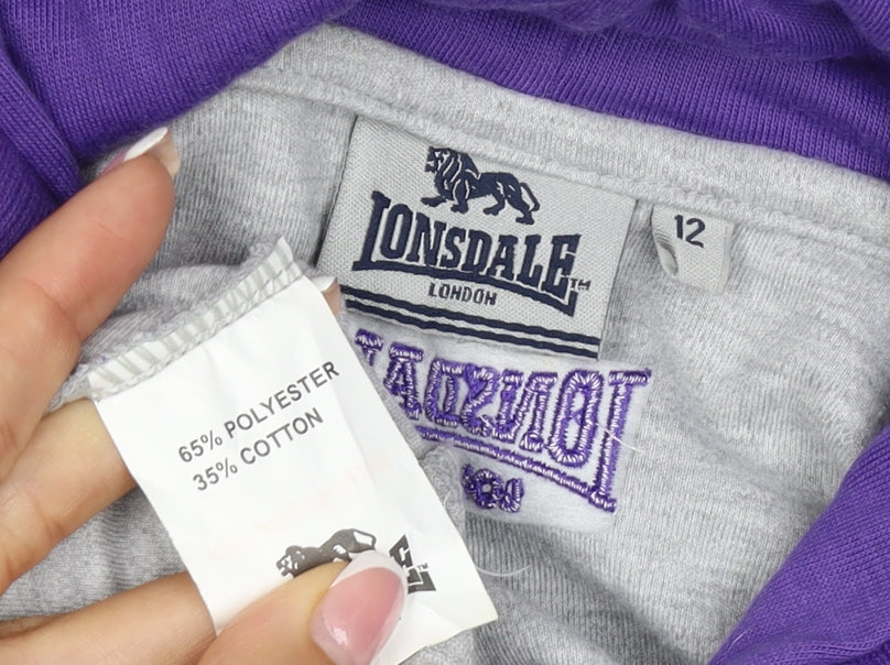 Lonsdale Women’s Grey Purple Striped Logo Full Zip Hoodie UK 12