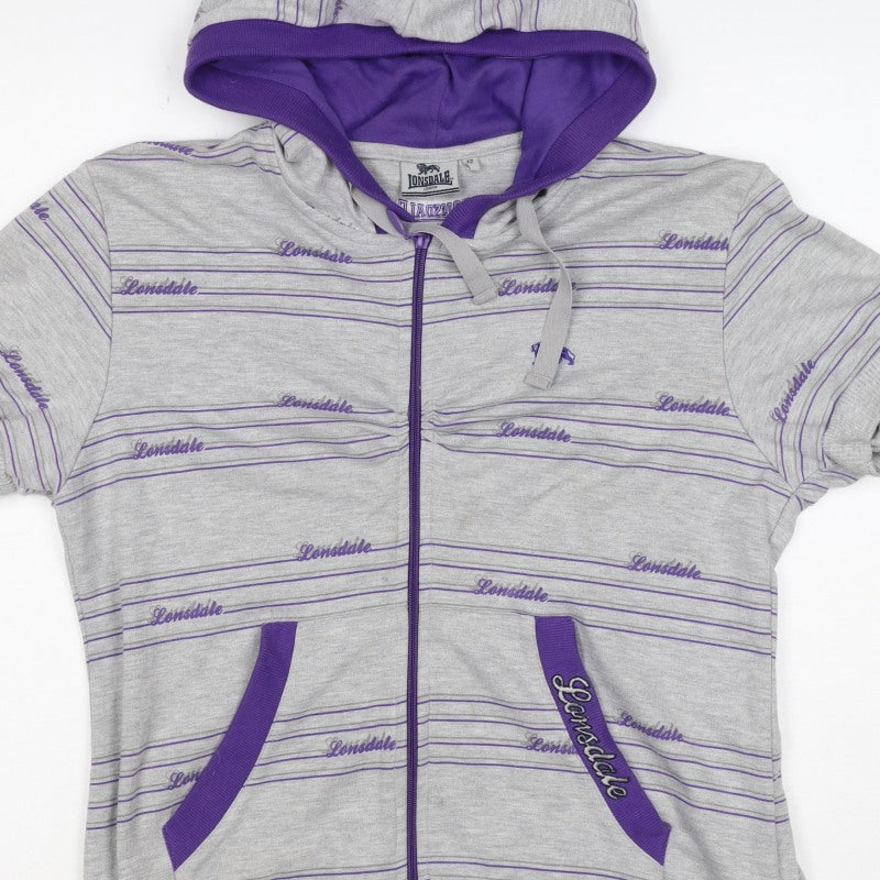 Lonsdale Women’s Grey Purple Striped Logo Full Zip Hoodie UK 12