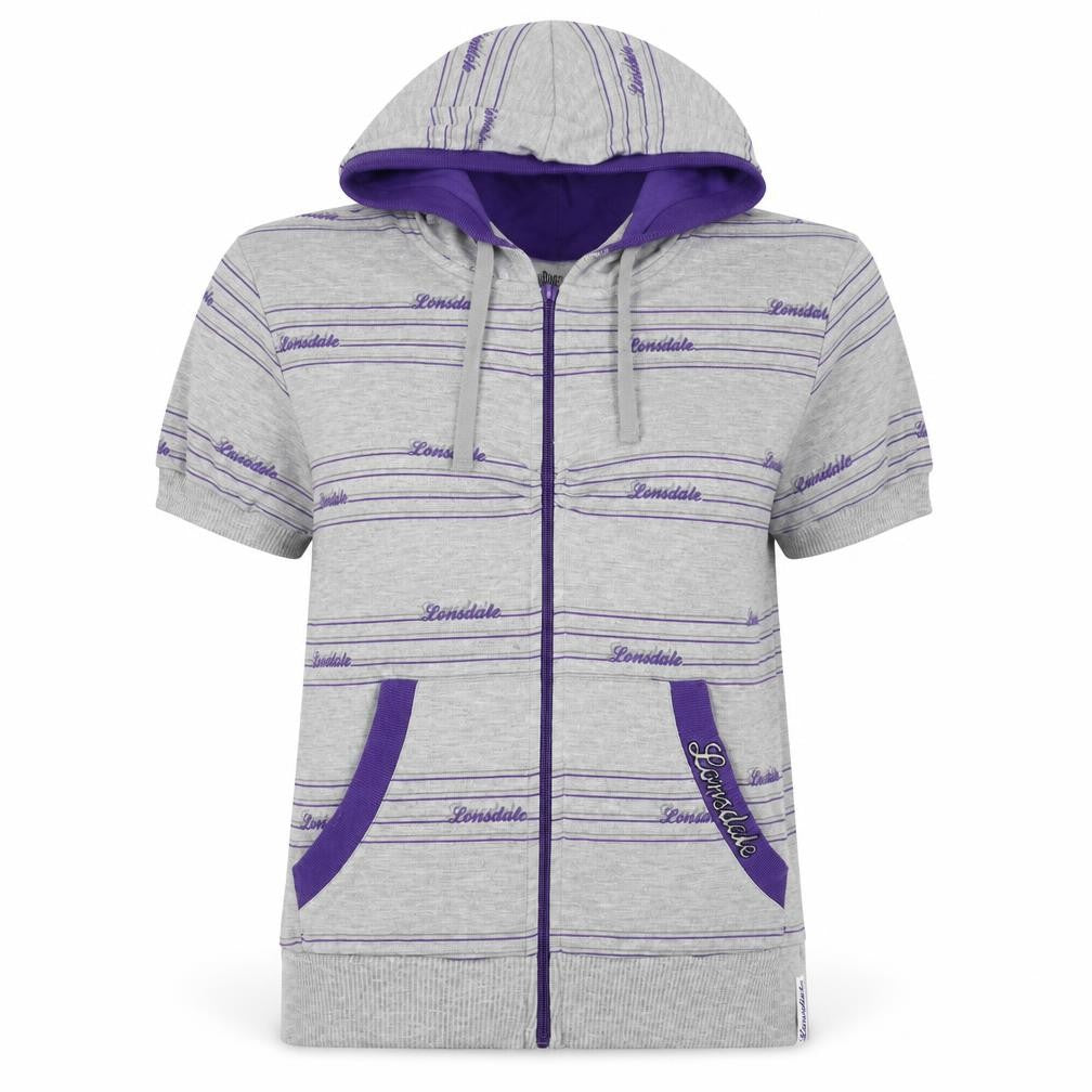 Lonsdale Women’s Grey Purple Striped Logo Full Zip Hoodie UK 12