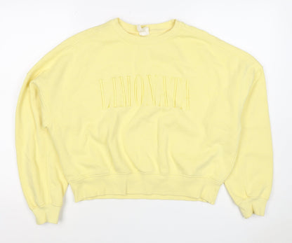 H&M Women Yellow S Pullover Sweatshirt Embroidered Logo Crew Neck