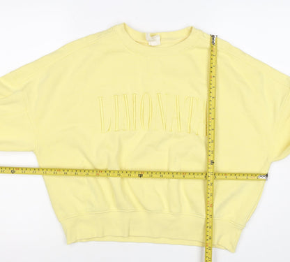 H&M Women Yellow S Pullover Sweatshirt Embroidered Logo Crew Neck