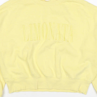 H&M Women Yellow S Pullover Sweatshirt Embroidered Logo Crew Neck