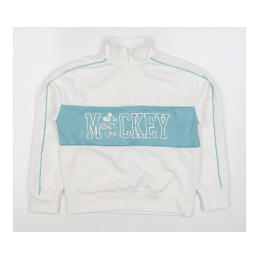 Front view of Disney girls’ white mickey mouse 10-11 years 1/4 zip pullover sweatshirt