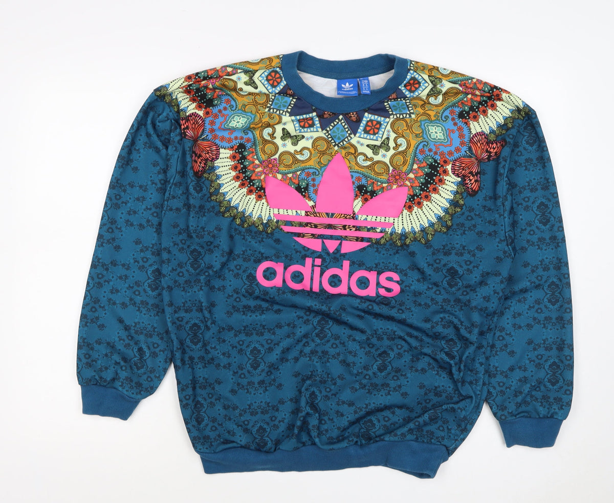 Back view of Adidas unisex adults blue xs butterfly graphic logo crew sweatshirt
