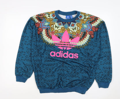 Back view of Adidas unisex adults blue xs butterfly graphic logo crew sweatshirt