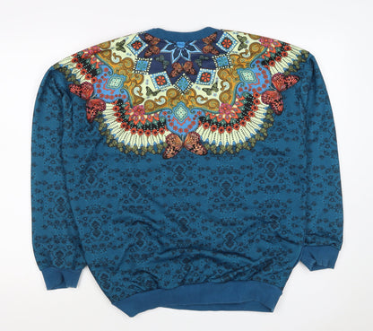 Close-up detail of Adidas unisex adults blue xs butterfly graphic logo crew sweatshirt