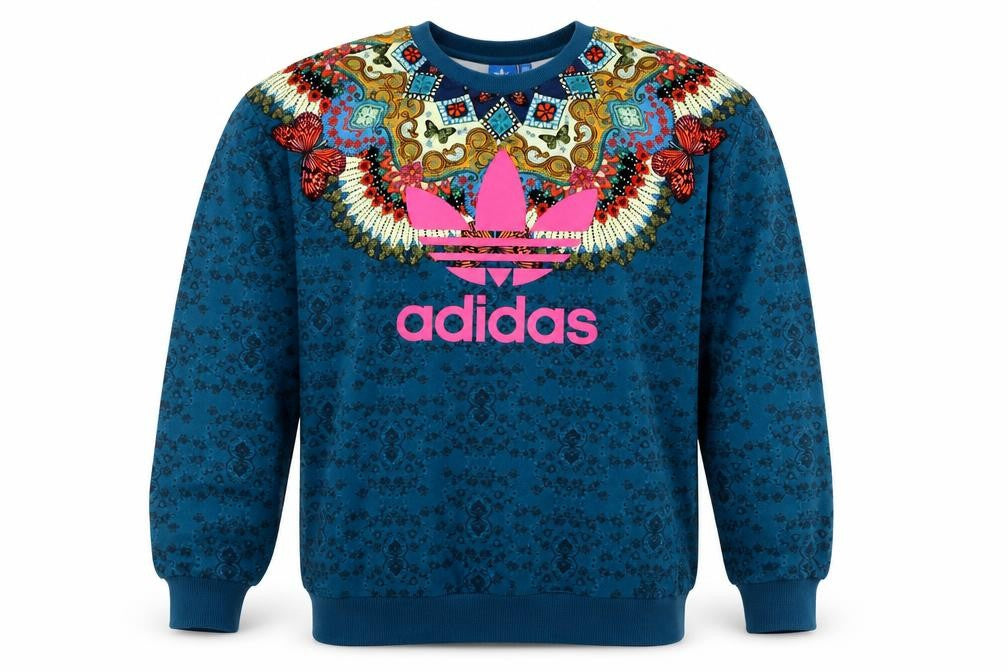 Front view of Adidas unisex adults blue xs butterfly graphic logo crew sweatshirt