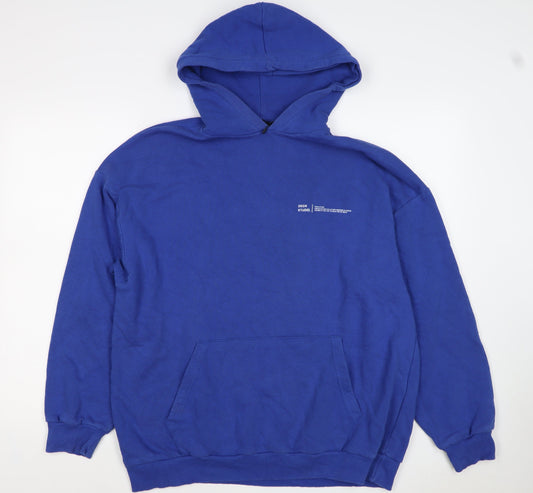Boohoo Women Blue S Pullover Hoodie Logo Kangaroo Pocket Cotton Blend