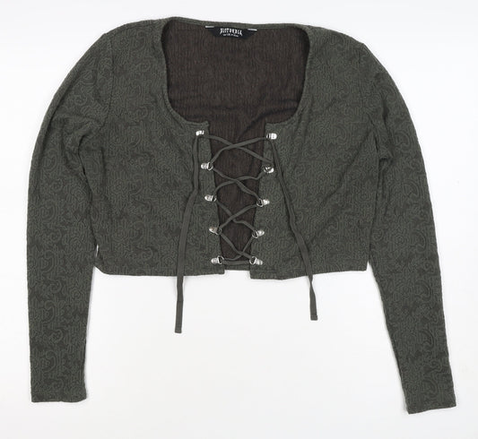 Disturbia Women Green UK 4 Cropped Gothic Floral Lace Up Blouse