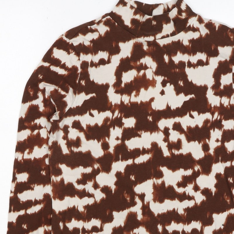 M&S Women’s Brown Animal Print Mock Neck Long Sleeve Top UK 14