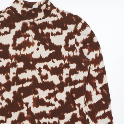 M&S Women’s Brown Animal Print Mock Neck Long Sleeve Top UK 14