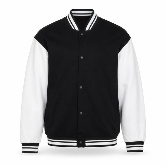Front view of ASOS Design Men’s Black White L Varsity Bomber Jacket 42in Snap