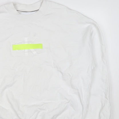 Calvin Klein Jeans Men White M Crew Neck Logo Sweatshirt Neon Stripe