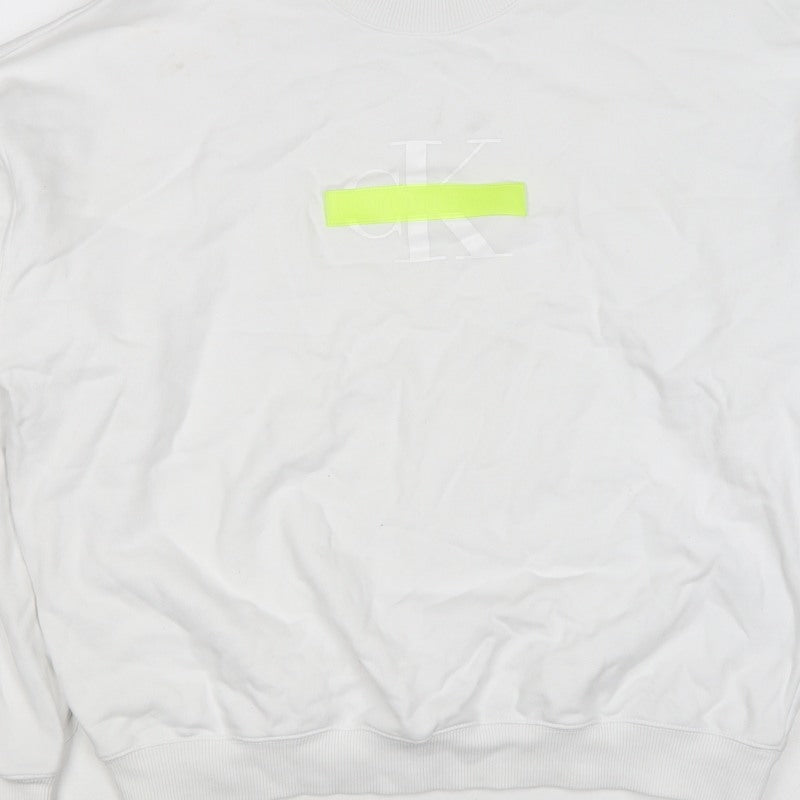 Calvin Klein Jeans Men White M Crew Neck Logo Sweatshirt Neon Stripe