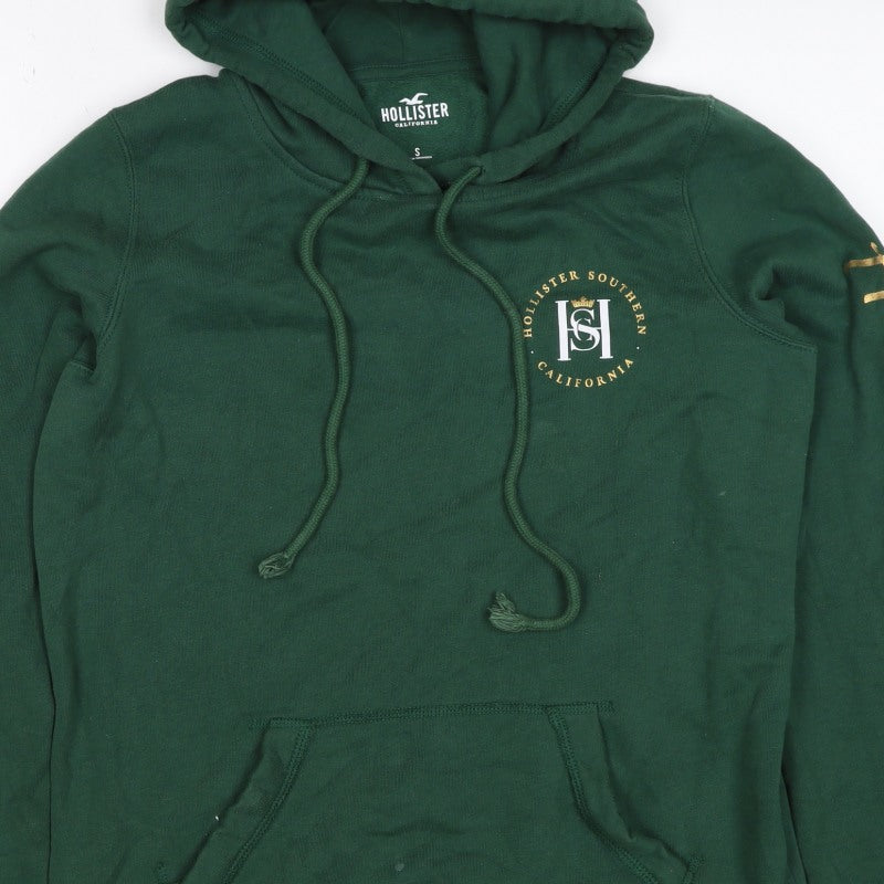 Hollister Men Green S Pullover Hoodie Logo Pocket Cotton Blend