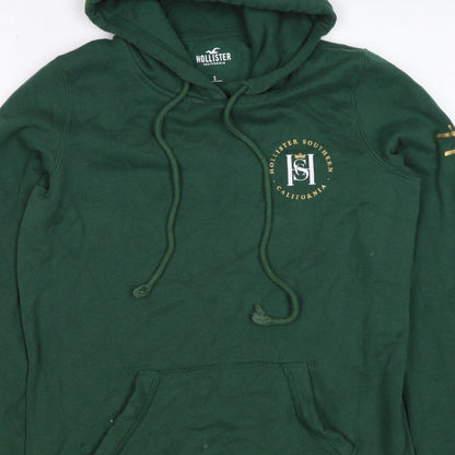 Hollister Men Green S Pullover Hoodie Logo Pocket Cotton Blend