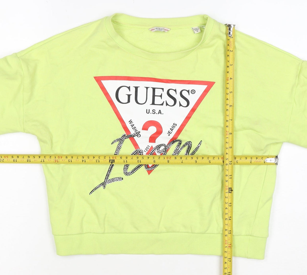 Guess Teens Yellow Logo Rhinestone Pullover Sweatshirt Size 14