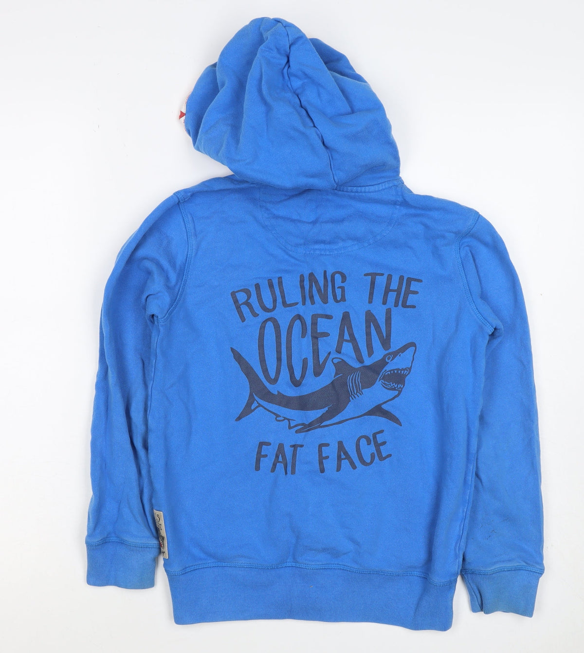 Close-up detail of Fat Face boys’ blue 10-11 years full zip shark hoodie cotton