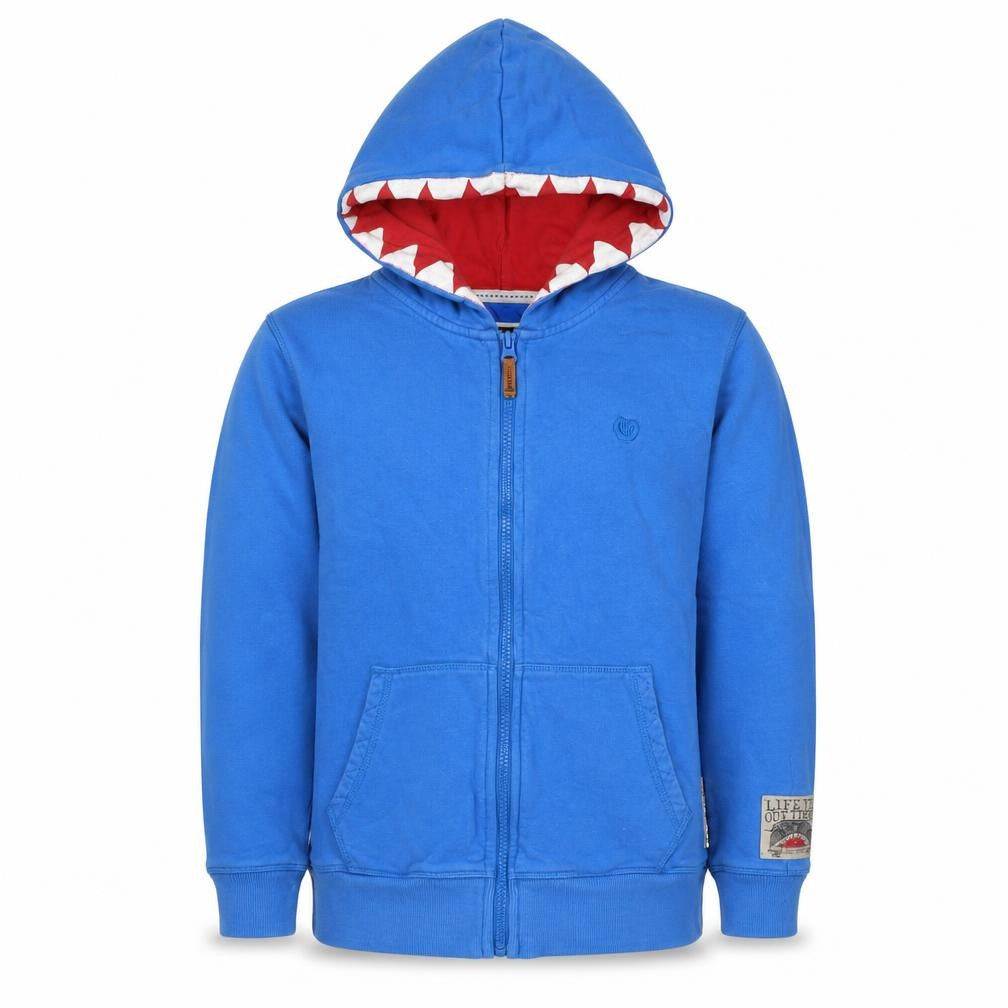 Front view of Fat Face boys’ blue 10-11 years full zip shark hoodie cotton