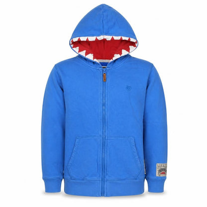 Front view of Fat Face boys’ blue 10-11 years full zip shark hoodie cotton