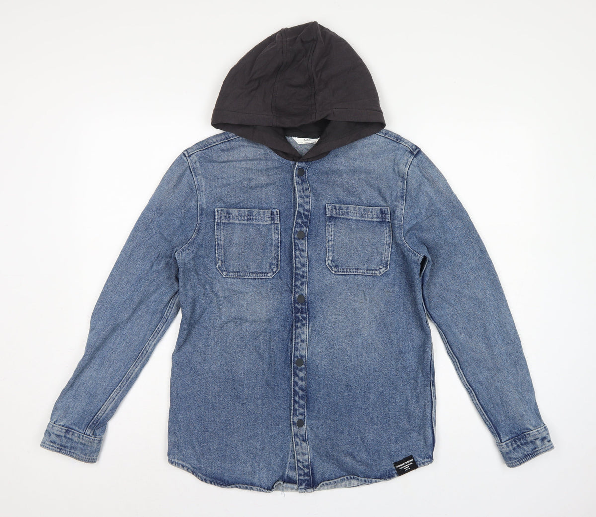 Back view of Marks & Spencer boys’ blue 13-14 years hooded denim shirt jacket