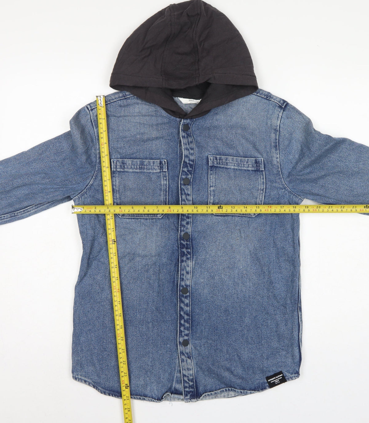 Close-up detail of Marks & Spencer boys’ blue 13-14 years hooded denim shirt jacket