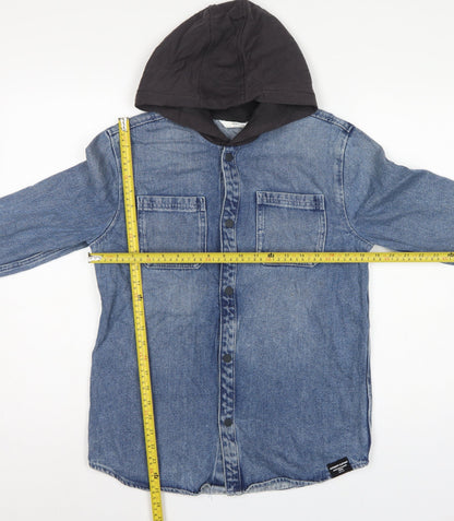 Close-up detail of Marks & Spencer boys’ blue 13-14 years hooded denim shirt jacket