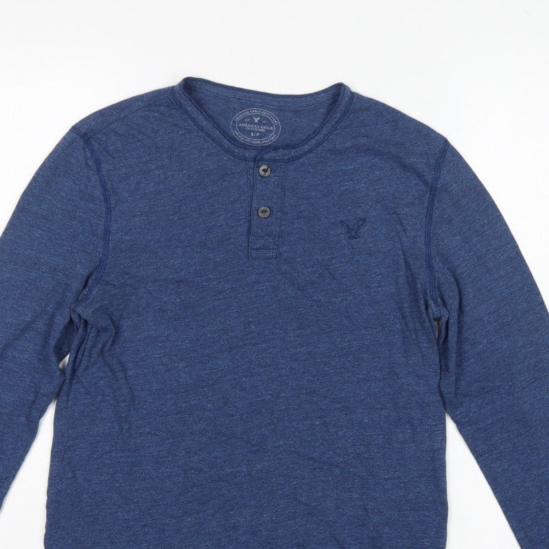 American Eagle Men Blue Small Athletic Fit Long Sleeve Henley T-Shirt