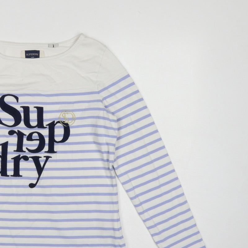Superdry Women White Purple Stripe Long Sleeve Jersey T-Shirt UK 10