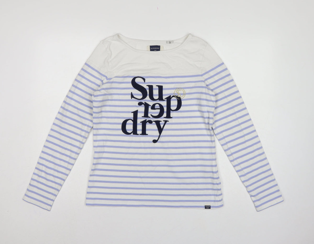Superdry Women White Purple Stripe Long Sleeve Jersey T-Shirt UK 10