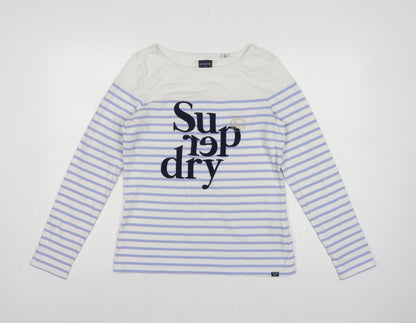 Superdry Women White Purple Stripe Long Sleeve Jersey T-Shirt UK 10