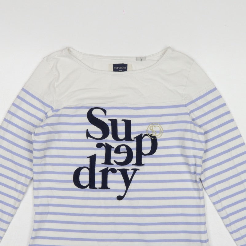 Superdry Women White Purple Stripe Long Sleeve Jersey T-Shirt UK 10