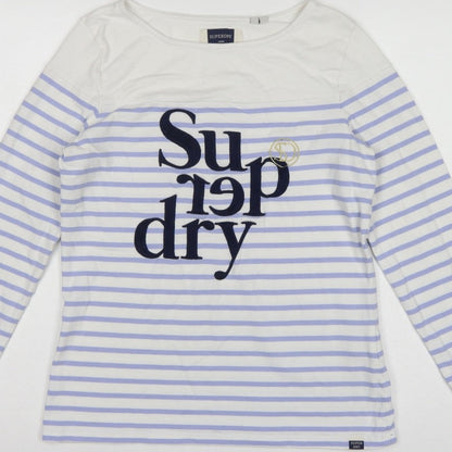 Superdry Women White Purple Stripe Long Sleeve Jersey T-Shirt UK 10