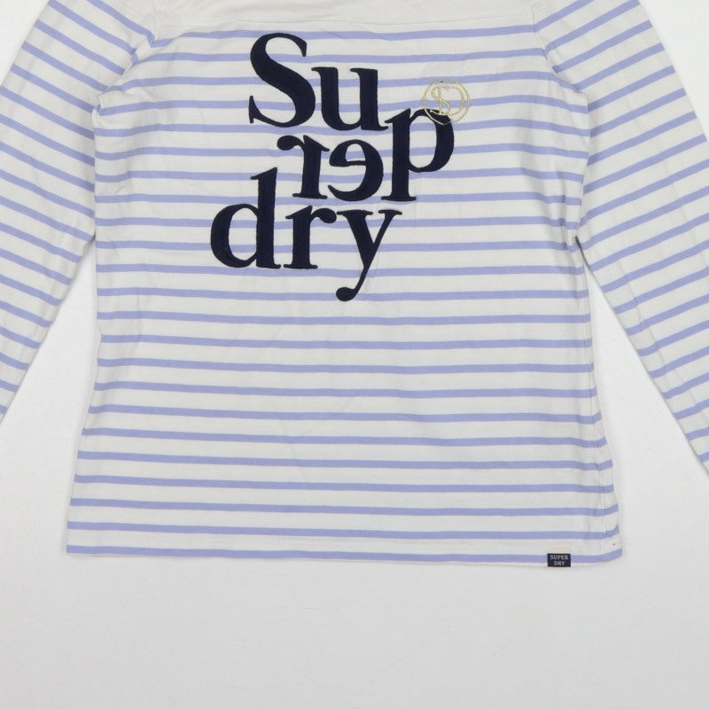Superdry Women White Purple Stripe Long Sleeve Jersey T-Shirt UK 10