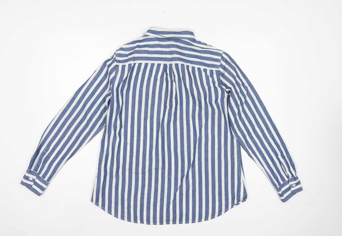 GAP Women Blue White Striped M Classic Cotton Button-Up Shirt
