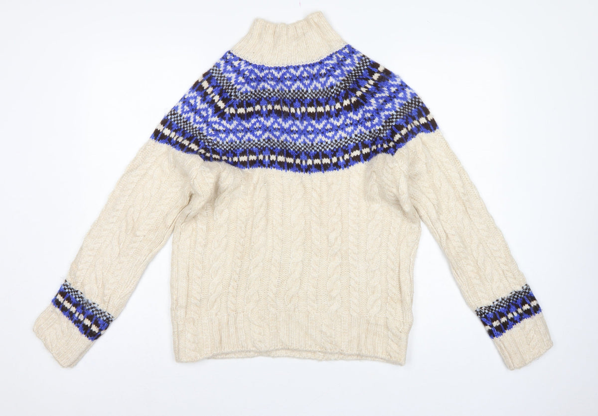 Marks & Spencer Women Ivory S Fair Isle Cable Knit Roll Neck Jumper