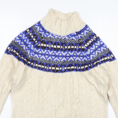 Marks & Spencer Women Ivory S Fair Isle Cable Knit Roll Neck Jumper